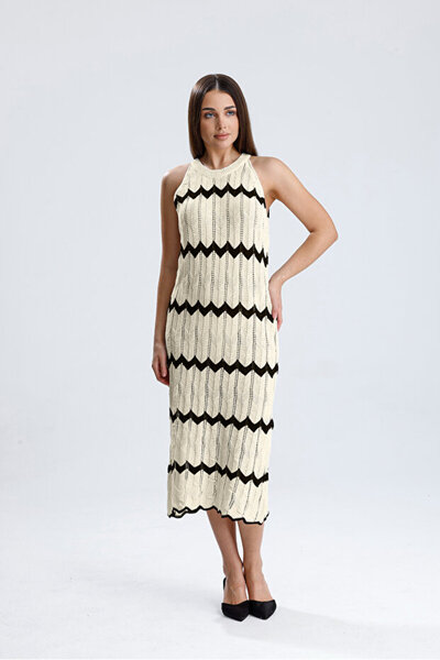 MODASPARK Μπεζ Αμάνικο Γυναικείο Πλεκτό Καλοκαιρινό Μίντι Φόρεμα με Λαιμόκοψη...