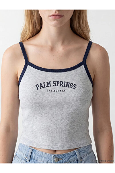 LC Waikiki Γκρι λουράκια από κορδόνια, γυναικείο crop με στάμπα California