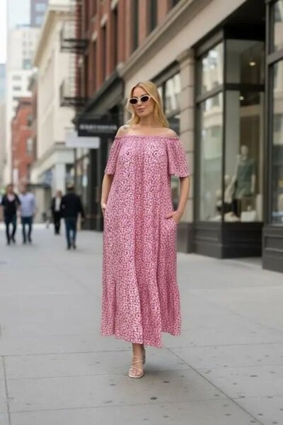 Cool & Sexy Φόρεμα μάξι με ροζ φλοράλ σχέδιο Madonna Collar – Άνετο καλοκαιρι...