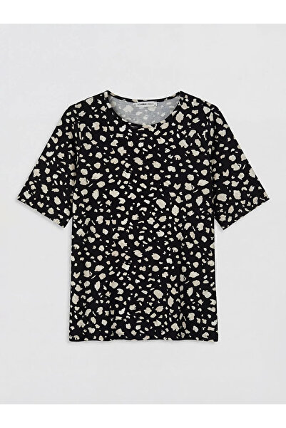 LC Waikiki Μαύρο γυναικείο μπλουζάκι με μοτίβο με λαιμόκοψη