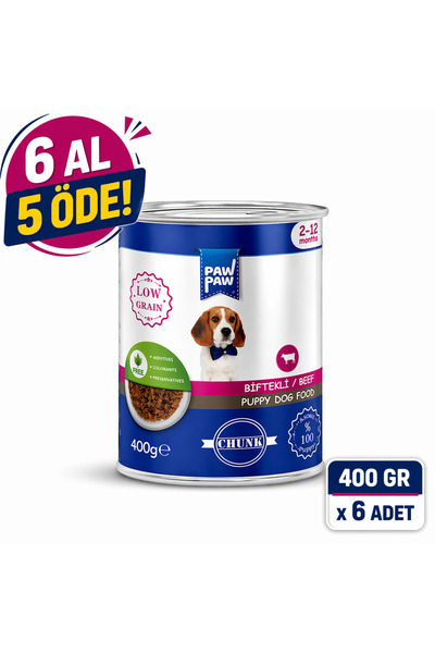 Paw Paw Yavru Köpek Maması Konserve Yaş Mama Biftekli Jöleli 400 Gr – 6 Al 5 Öde