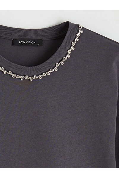 LC Waikiki Γυναικείο μπλουζάκι Anthracite Crew Neck Stone