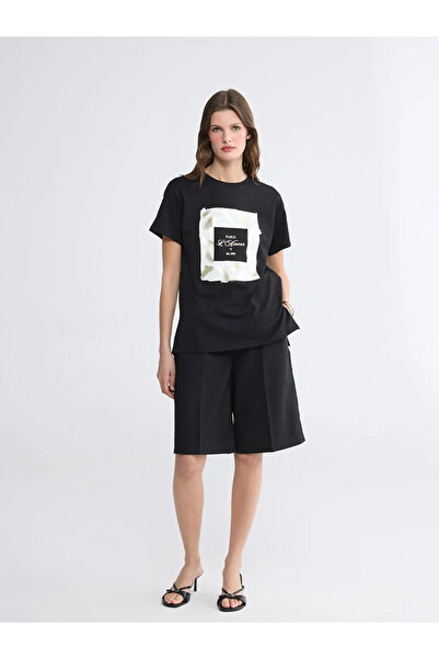 LC Waikiki Μαύρο γυναικείο μπλουζάκι με λαιμόκοψη ποδηλάτου και στάμπα Paris