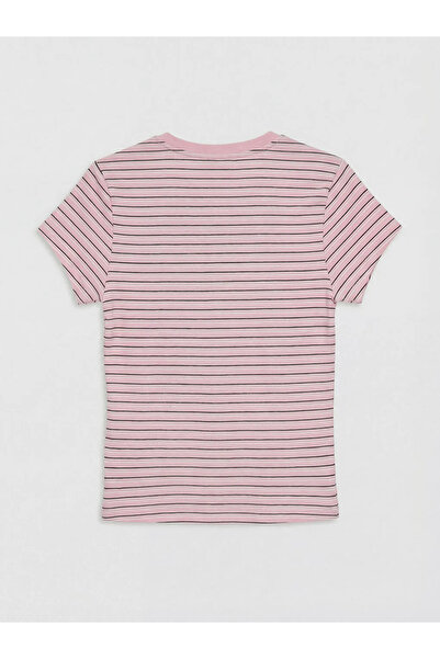 LC Waikiki Ροζ γυναικείο μπλουζάκι με ριγέ λαιμόκοψη