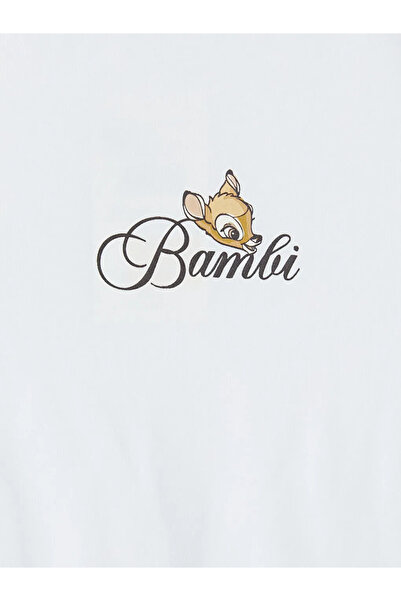 LC Waikiki Λευκό γυναικείο μπλουζάκι με λαιμόκοψη ποδηλάτου και στάμπα Bambi