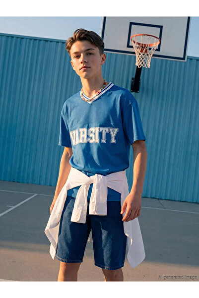 LC Waikiki Μπλουζάκι για αγόρια με μπλε λαιμόκοψη σε σχήμα V με τύπωμα