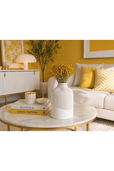 Tilekey Seramik Modern Decorative Vase White Ribbed Design – Minimalist Table...