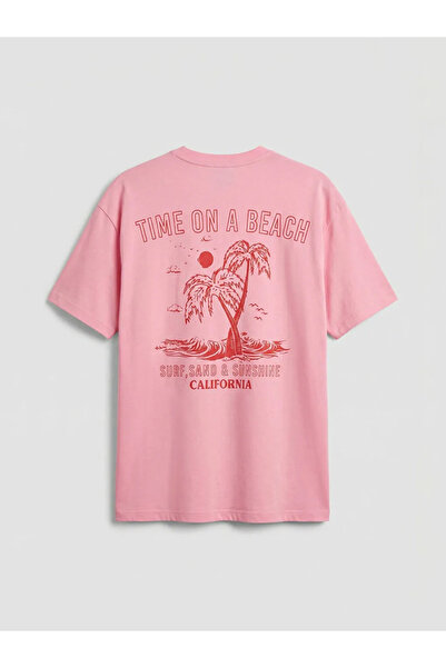 LC Waikiki Γυναικείο μπλουζάκι με ροζ λαιμόκοψη με στάμπα oversize