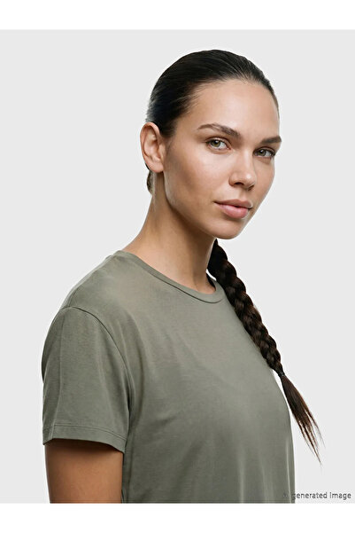 LC Waikiki Γυναικείο αθλητικό μπλουζάκι χακί με λαιμόκοψη ποδηλάτου, oversized