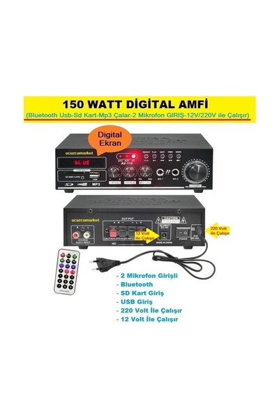 Uygun 150 Watt Seslendirme Amfi(Bluetooth Usb-Sd Kart-Mp3 Çalar-2 Mikrofon GI...