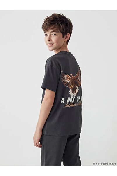 LC Waikiki Μπλουζάκι για αγόρια με στάμπα Anthracite Crew Neck