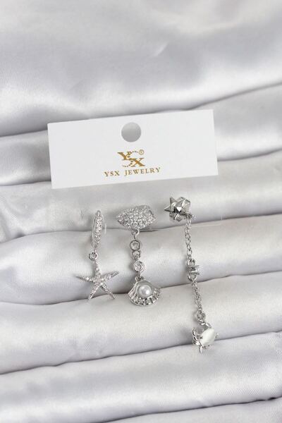 norsary Brass Silver Color Zircon Stone Sea Themed 3-Piece Women's Earrings