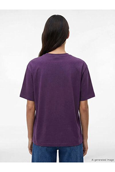 LC Waikiki Μωβ γυναικείο μπλουζάκι με στάμπα με λαιμόκοψη ποδηλάτου