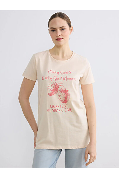 LC Waikiki Γυναικείο μπλουζάκι με στάμπα μπεζ Crew Neck