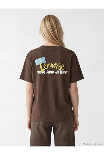 LC Waikiki Καφέ γυναικείο μπλουζάκι με στάμπα Tom and Jerry