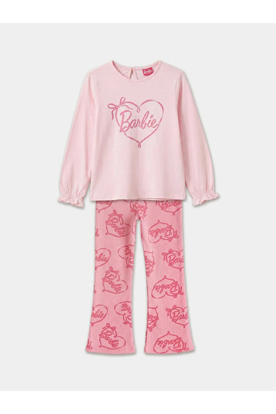 LC Waikiki Ροζ μπλουζάκι και κολάν για κορίτσια με στάμπα Barbie με λαιμόκοψη...