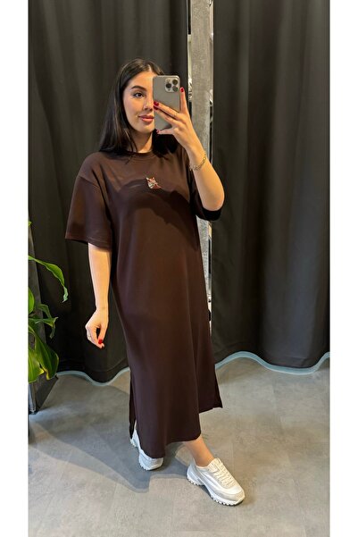 N&A BUTİK Kahverengi Midi T-Shirt Elbise