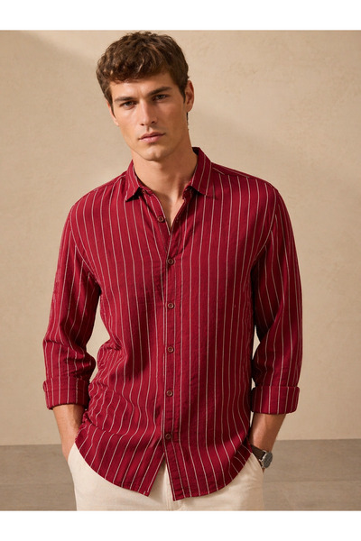 Polo State Ανδρικό κόκκινο πουκάμισο με λεπτές ρίγες και μακριά μανίκια