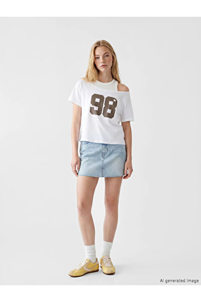 LC Waikiki Λευκό γυναικείο μπλουζάκι με στάμπα και λαιμόκοψη καγιάκ