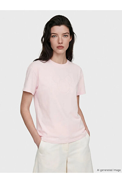 LC Waikiki Ροζ γυναικείο μπλουζάκι με λαιμόκοψη ποδηλάτου και στάμπα Μίκυ Μάους