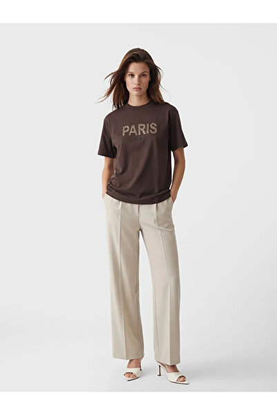 LC Waikiki Καφέ γυναικείο μπλουζάκι με στάμπα Paris Crew Neck