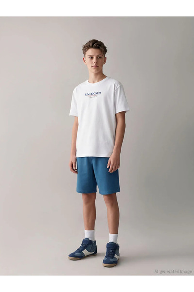 LC Waikiki Λευκό εμπριμέ μπλουζάκι και σορτς για αγόρια