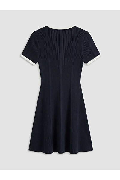 LC Waikiki Μπλε ναυτικό μίνι πλεκτό φόρεμα με βολάν και λαιμόκοψη ποδηλάτου