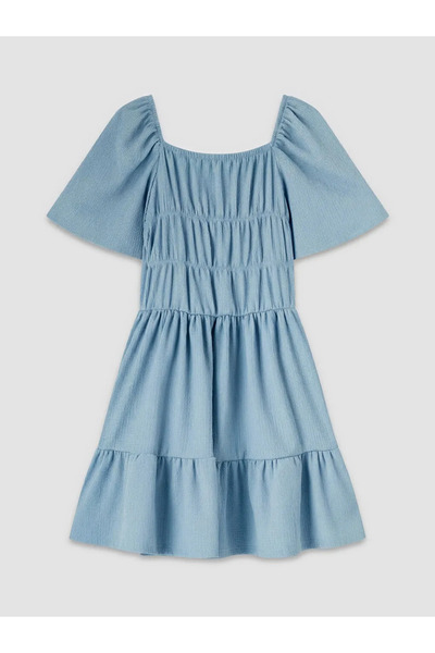 LC Waikiki Μπλε φόρεμα για κορίτσια με λεπτομέρεια από κορδόνια και στρώσεις