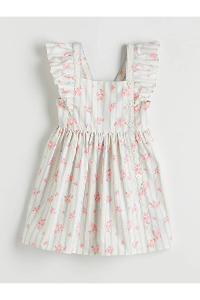 LC Waikiki Εκρού φόρεμα για κορίτσια με τετράγωνο γιακά και σχέδιο