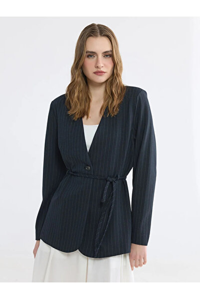 LC Waikiki Navy Blue Striped Women's Blazer Jacket