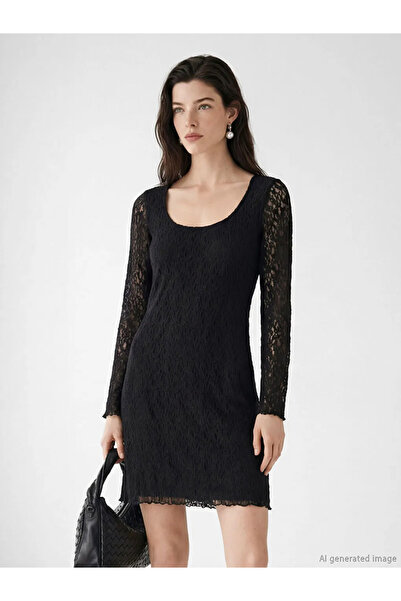 LC Waikiki Μαύρο Μίνι Φόρεμα με λαιμόκοψη U Δαντέλα τεμαχίων