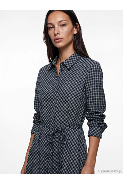 LC Waikiki Μπλε ναυτικό καρό φόρεμα πουκάμισο από ποπλίνα με ζώνη