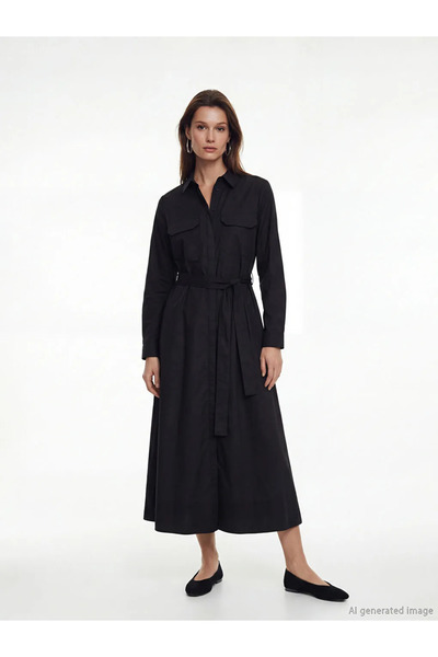 LC Waikiki Μαύρο φόρεμα πουκάμισο από ποπλίνα με ζώνη