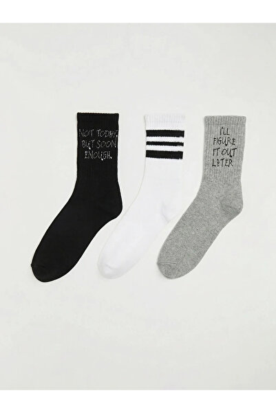 LC Waikiki Black Boys' Text Printed 3-Piece Socks