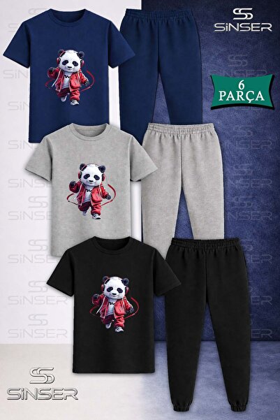 SS SİNSER طقم بدلة رياضية للأطفال مكون من 3 قطع من تي شيرت PANDA KRMZ 3LU SQUARE