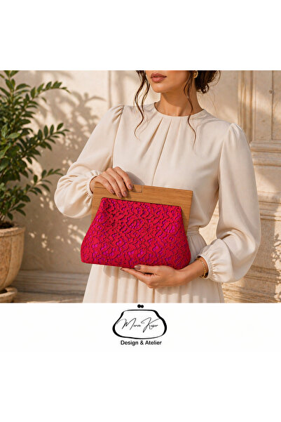 MK Fuşya Dantel Dokulu Ahşap İthal Burslu Kadın Abiye El Çantası – Şık Clutch...