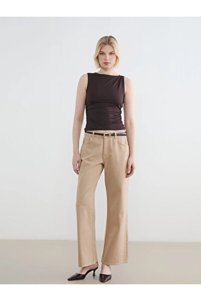 LC Waikiki Καφέ μπλούζα με λαιμόκοψη Με σούρες