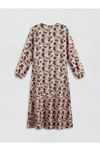 LC Waikiki Μπεζ φόρεμα με λαιμόκοψη σε γραμμή Α με λουλούδια