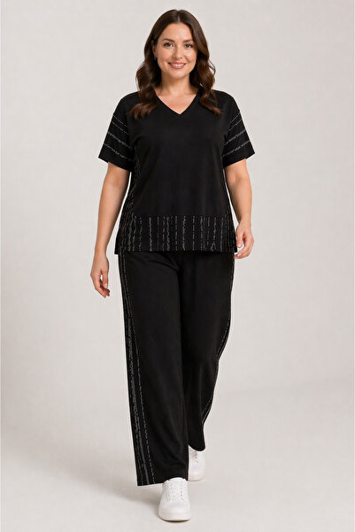 Şans Women's Plus Size Black, Stone Detailed, V-Neck Tracksuit Set 65N39477