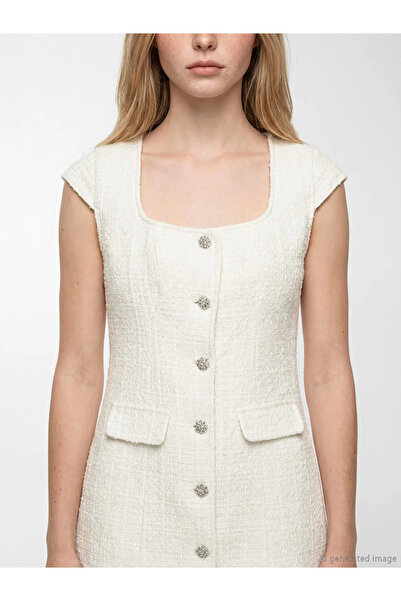 LC Waikiki Λευκό τετράγωνο γιακά με μίνι φόρεμα από τουίντ