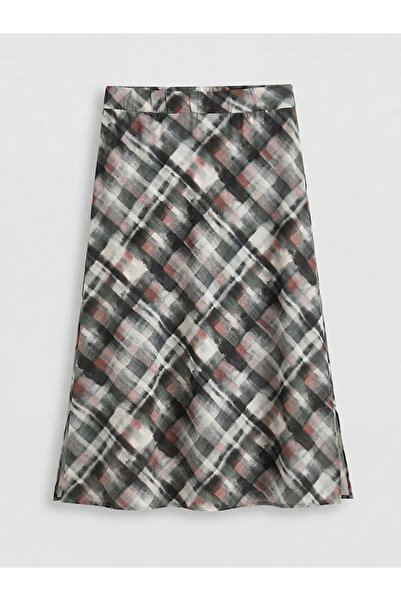LC Waikiki Γκρι καρό φούστα με ελαστική μέση και σκίσιμο