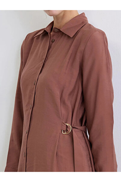 LC Waikiki Καφέ φόρεμα πουκάμισο με λεπτομέρεια ζώνης από μείγμα μοντάλ