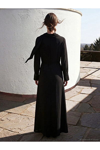 LC Waikiki Μαύρο φόρεμα κρεπ σε γραμμή Α με γιακά σάλι