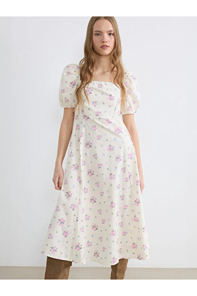 LC Waikiki Ροζ φλοράλ φόρεμα με μανίκια μπαλόνι και εφαρμογή στη μέση