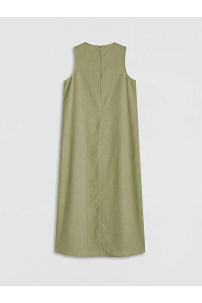 LC Waikiki Πράσινο φόρεμα από λινό με λαιμόκοψη περιστροφής και μείγμα λινών ...