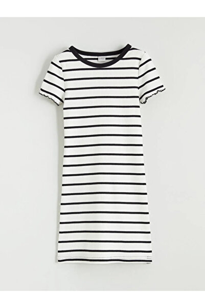 LC Waikiki Μαύρο ριγέ φόρεμα για κορίτσια με λαιμόκοψη ποδηλάτου