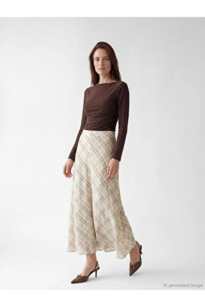 LC Waikiki Εκρού καρό φούστα σε γραμμή Α με ελαστική μέση