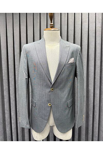 Avni Ceylan Ανδρικό πέτρινο πράσινο καφέ σακάκι με ριγέ τσέπες και κουμπωτά τ...