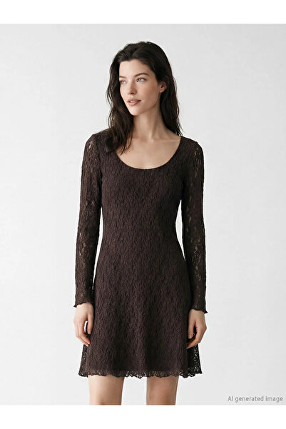 LC Waikiki Καφέ Μίνι Φόρεμα με λαιμόκοψη U, Δαντέλα τεμάχια