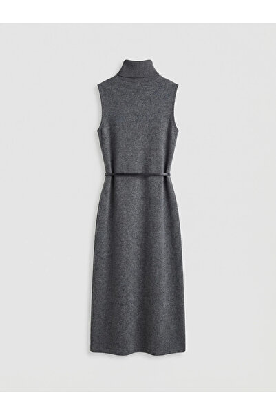 LC Waikiki Πλεκτό φόρεμα ανθρακί με ζώνη στο λαιμό